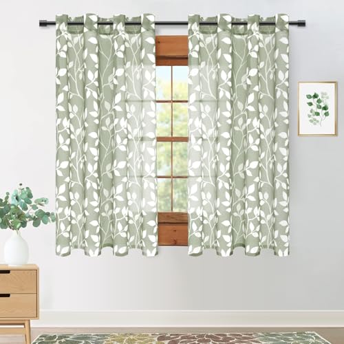 MRTREES Rideau Voilage Court Transparent 140x160 CM pour Cuisine Fenetre Chambre, Rideaux Gris-Vert et Draperies Intérieurs Rideau Salon en Voile à Oeillets...