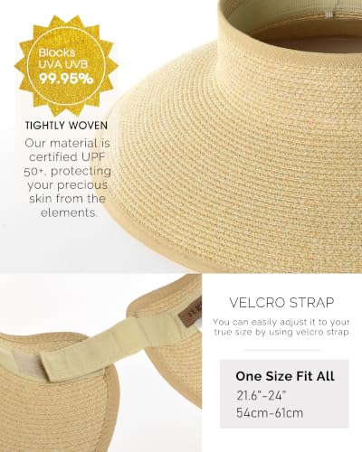 Image of FURTALK Womens Sun Hat with Ponytail Hole Wide Brim Beach Straw Visor | Foldable & Packable for Beach Vacations, Adjustable Fit for Messy Buns, Detachable Windproof Strap, Sweat-Wicking Inner Band