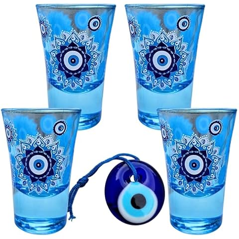 Evil Eye Blue Shot Glasses Set of 4, 1oz Shot Glasses Set With Glass Handmade Turkish Nazar Amulet Protection Charm Wall Hanging, Evil Eye Gifts for Women, Men (4) Cover