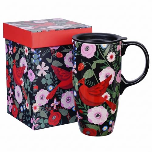 Topadorn 17oz Ceramic Travel Mug with Lid, Red Cardinal Bird Coffee Mug