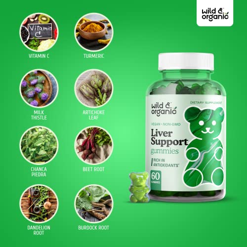 Wild & Organic Liver Support Gummies - Liver Cleanse Detox & Repair Supplement W/ Milk Thistle, Chicory, Artichoke, Turmeric. Burdock & Dandelion Root Extract - Immune System Support Gummy - 60 Chews #TOP4