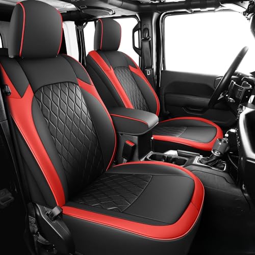 Image of Coverado Seat Covers 4 Door for Jeep Wrangler, 2PCS Leather Car Seat Cover for Jeep Wrangler Vehicle Accessories Custom Fit for 2018-2026 Jeep Wrangler Seat Covers 2-Door /4-Door(Red)