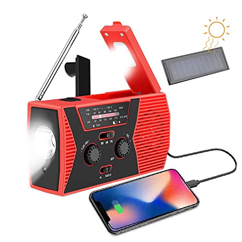 Radio De Emergencia Portátil, Solar Radio Am/FM/NOAA Radio de manivela Recargable USB portátil con Banco de energía de 2000 mAh Linterna LED Alarma SOS y luz de Lectura para Camping Viajes (Rojo)