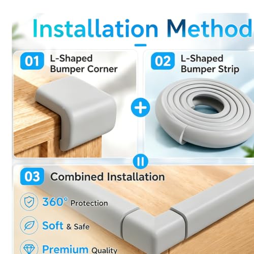 Image of ZOMPAGO Baby Proofing Edge Protector, Grey Foam L-Shape Self-Adhesive Corner Guards, Baby Crib Bumper Pad, Wall & Corner Protector Baby, Foam Corner Protectors for Nursery Kitchen Fireplace Furniture