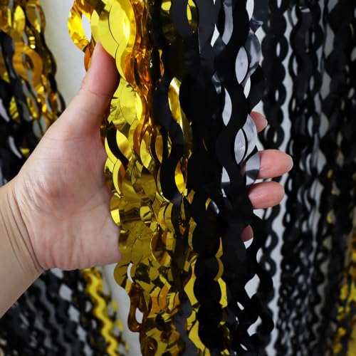 Image of TONIFUL 2Pcs Wavy Black Gold Metallic Tinsel Foil Fringe Curtains Streamers | 3.3ftx6.6ft Photo Booth Backdrop Tinsel Streamer Curtain, Props for Bachelorette Birthday New Year Graduation Christmas Decor