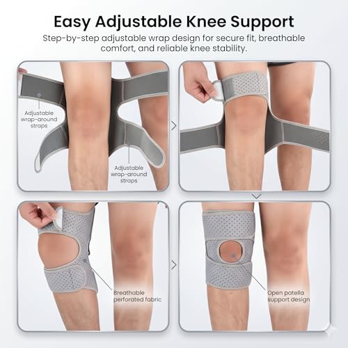 Image of JERN Knee Support Brace with Rebound Assist, Open Patella Stabilizer, Breathable Perforated Fabric, Adjustable Wrap-Around Straps for Running, Weightlifting, Outdoor Sports (Grey)