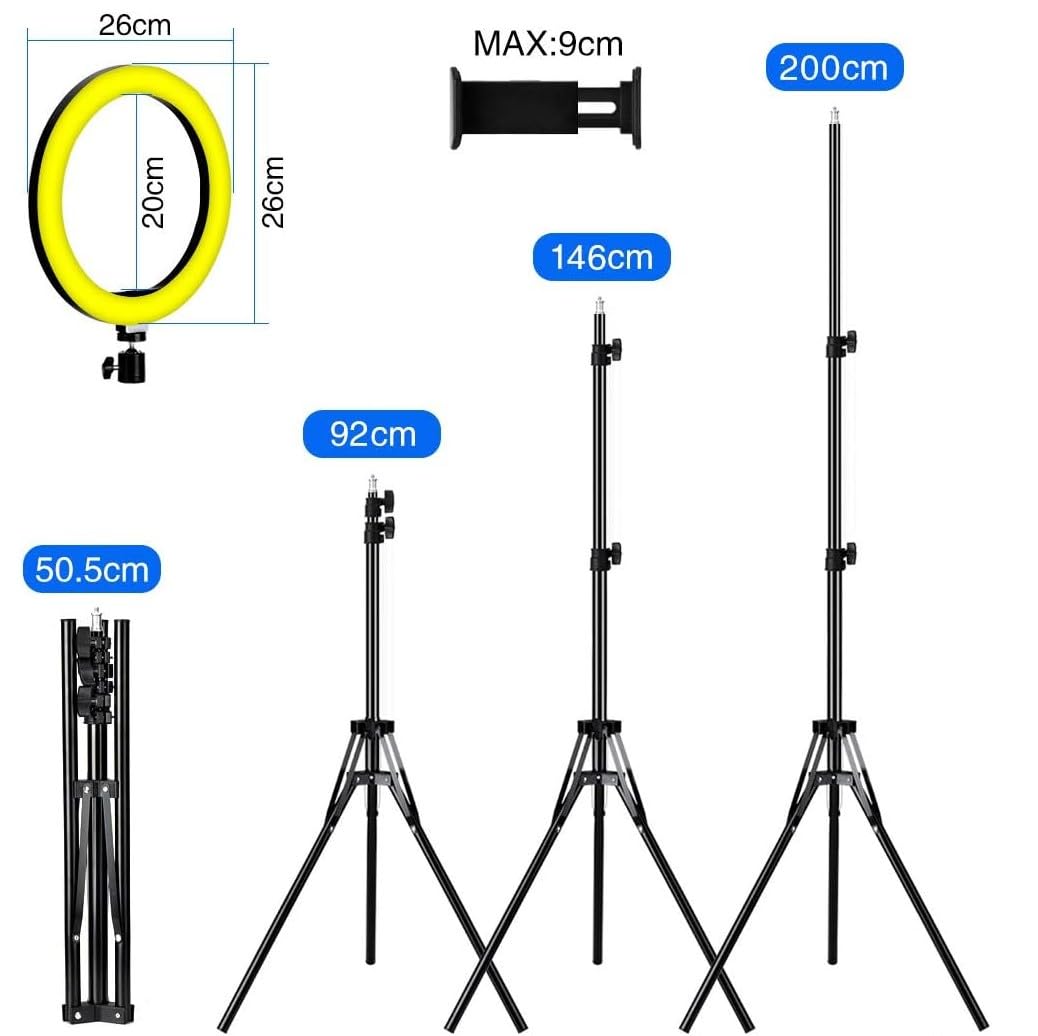 Aro de luz de 26cm de diámetro Led de 9 Colores con Soporte Ajustable Trípode más Anillo de luz RGB, Fotografía, Equipos de Estudio, Anillo de Iluminación, Vídeo (RGB + Tripode + Mini Tripode)