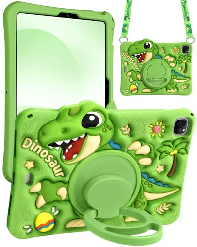 Coque iPad Air 11 M3 M2 en silicone vert dinosaure pour enfant avec support et bandoulière