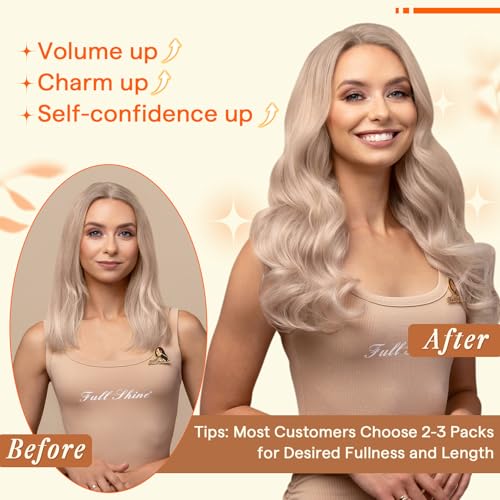 Image of Full Shine Butterfly Weft Hair Extensions Human Hair, 20 Inch 50G Ash Blonde Highlights Bleach Blonde, Seamless Micro Beads OVO Weft, Silky Straight Hairpiece for Wedding