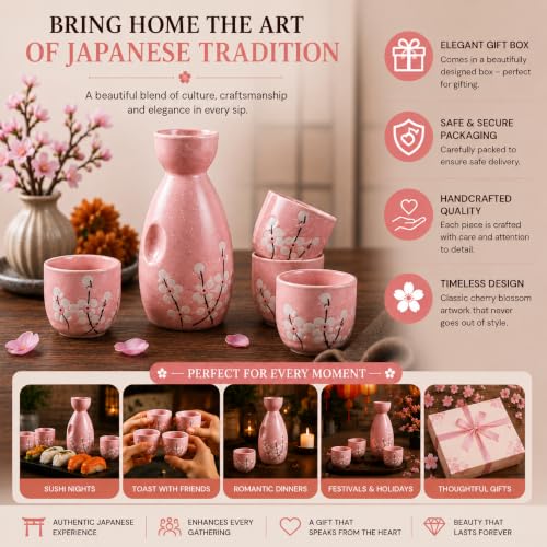 Image of Japanese Ceramic Sake Set - 5 Piece Pink Floral Blossom Sake Set with 1 Sake Bottle (Tokkuri) & 4 Sake Cups | Traditional Japanese Wine Set for Drinks, Shochu & Home Bar | House Warming | Gift Set