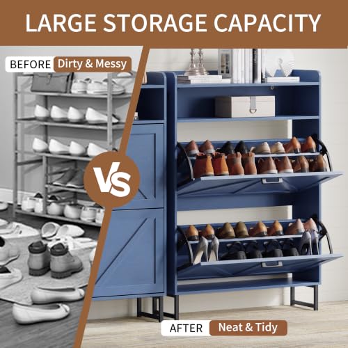 Image of Xixini Shoe Storage Cabinet with 2 Flip Drawers, Entryway Shoe Rack, Blue