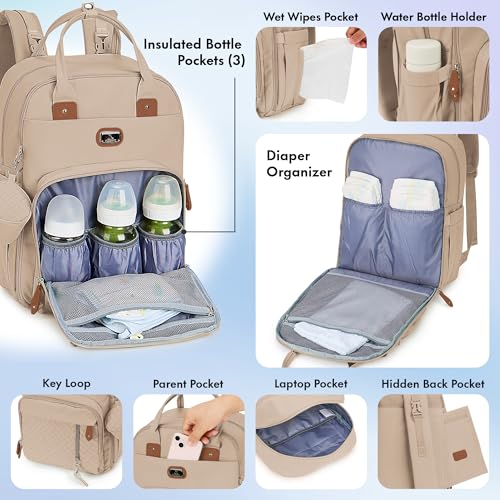 Image of Dikaslon Diaper Bag Backpack with Portable Changing Pad, Pacifier Case and Stroller Straps, Large Unisex Baby Bags for Boys Girls, Multipurpose Travel Back Pack for Moms Dads, Milk Tea Khaki