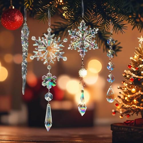 OuMuaMua Christmas Tree Decoration Crystal Ornaments - Hanging Acrylic Christmas Snowflake Icicle Drop Crystal Ornaments for Christmas Tree Winter New Year Party Supplies - Image 8
