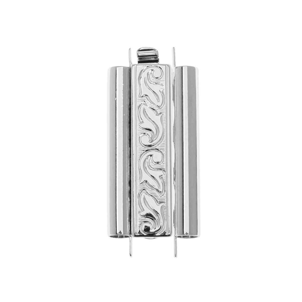 Elegant Elements Beadslides, Seed Bead Slide Tube Clasp Swirling Leaves 24x10mm, Rhodium Plated