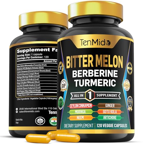 Tenmido Bitter Melon Capsules - 10in1 Formula - Combine with Berberine, Ceylon Cinnamon, Turmeric, Moringa, Neem, Ginger, Gotu Kola, Artichoke, and Black Pepper - 120 Capsules for 4 Months Supply