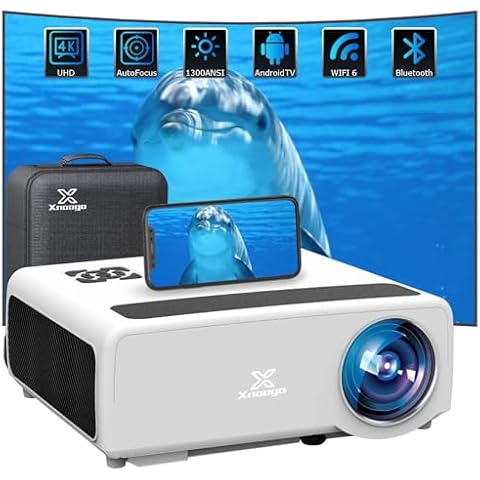 【 Auto Focus/Keystone】Android TV 4K Projector with Wifi 6 & Bluetooth,Xnoogo1300ANSI Smart Projector Support 6D Keystone,Dolby,PPT,Outdoor Movie Projector 4K+ with Netflix/Roku/YouTube streaming Apps Cover