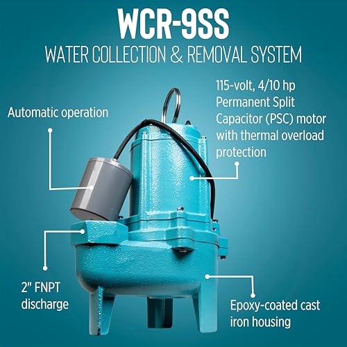 Image of Little Giant WCR-9SS 115 Volt, 4 /10 HP, 4800 GPH Automatic Outdoor Water /Seepage Collection and Removal System with Sewage Pump, 20' Piggyback Float Switch, Steel Cover, Green /Blue, 509082