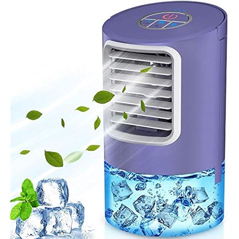 Mini Air Cooler Fan, 4 in 1 Portable Air Conditioner, Evaporative Fan Mobile Cooling Fan, Humidifier, Purifier, 3 Wind Speed 7 Colors Light for Personal Use, 2 / 4H Timer (Purple) Cover