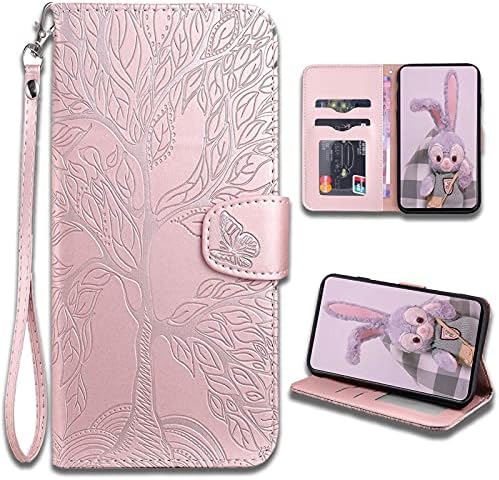 LEINUO Phone Case for Samsung Galaxy S20 5G Leather Wallet with Folding Stand Card Holder Lanyard Embossed Tree of Life Flip-top PU Leather Wallet Case Cover,Pink