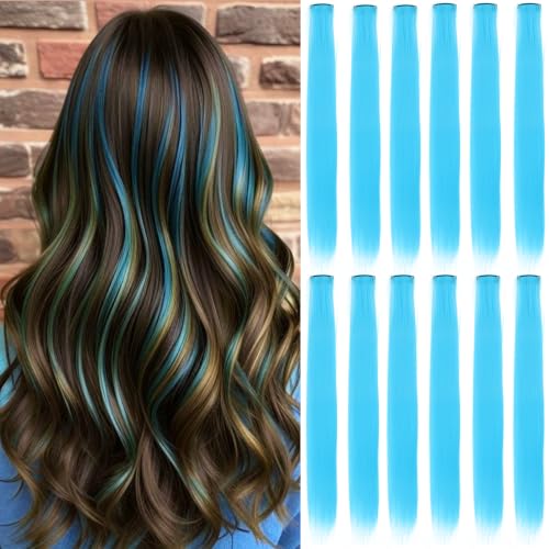 12 Pcs Sky Blue hair extensions 22 Inch Straight colored hair colorful clip in extensions Highlight Party for Kids Girls and Women Gift (Sky Blue,17)