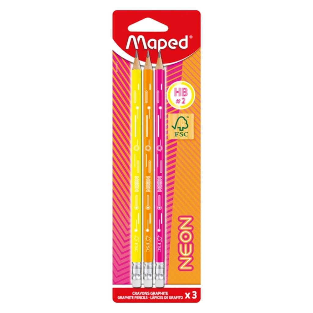 Maped - 3 Bleistifte Graphit HB2 Neon - Bleistifte FSC HB Radiergummi - Ergonomische Dreiecksform - Robuste Mine
