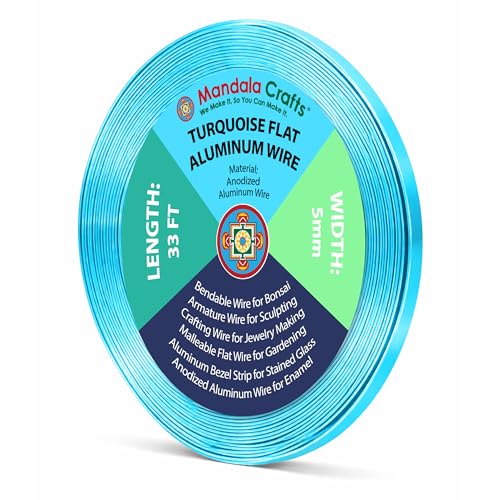 Image of Mandala Crafts 5mm Turquoise Flat Aluminum Crafting Wire for Sculpting | 33 FT, Anodized, Colored, Tarnish Resistant, Bendable, Flexible, for Jewelry Making, Bezel, Bonsai, Armature, Outdoor