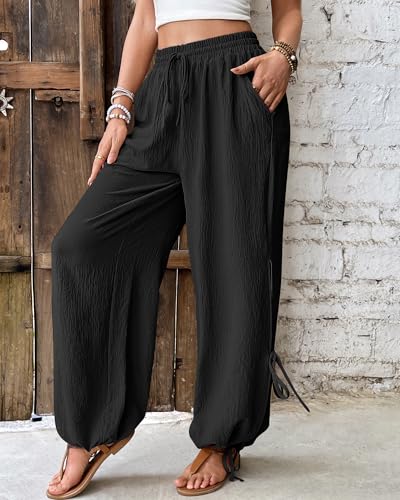 Bsubseach Women Wide Leg Palazzo Pants Summer High Waist Flowy Casual Trousers Side Tie Knot Beach Vacation Clothes2