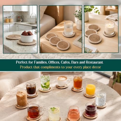Image of Jute Bloom Coaster Set of 4 | 4x4 Inch Round Natural Beige Jute Coasters with Sea Shell Boho Design | Tea Coffee Mug Glass Cup Coasters for Dining Table & Hot Pots, Kitchen & Home Decor