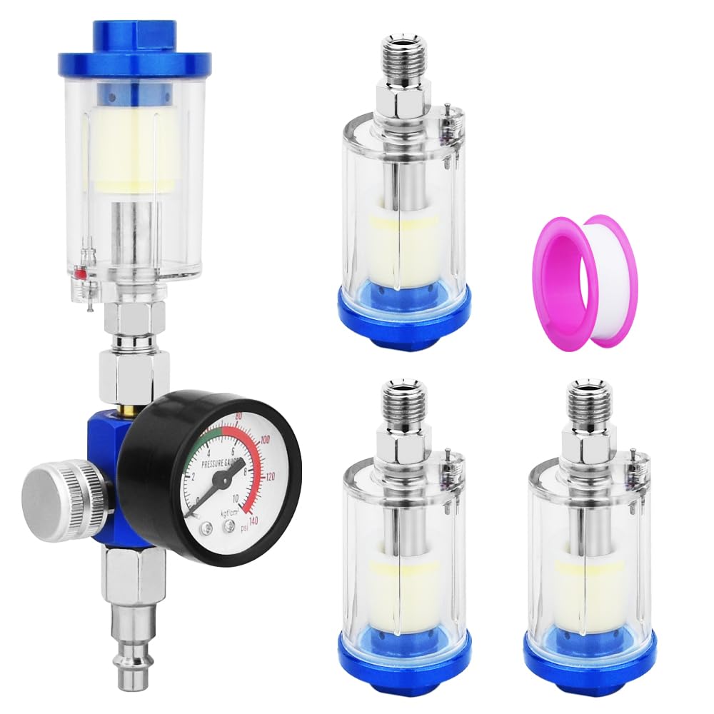 FBANG 1/4 Inch NPT Air Compressor Oil Water Separator, Air Pressure Regulator with Pressure Gauge and 3 PCS Spare Oil-Water Separators, Suitable for