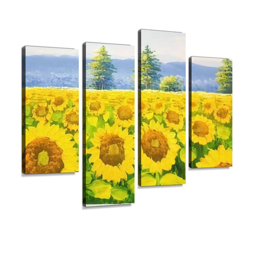 Canvas Print Artwork Beautiful sunflower field under a sunshiny day Wall Art Pictures Framed Digital Print Abstract Painting Room Home Office Decor Ready to Hang - 4 Panel