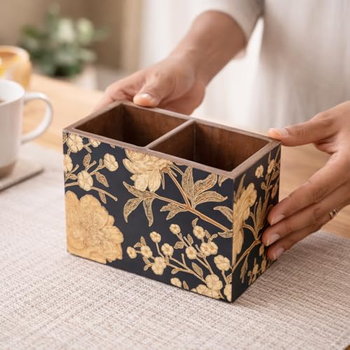 Image of Wooden Cutlery Holder with 2 Sections | Black Floral Design Spoon Stand | Cutlery stand for dining table & Kitchen | Chammach Stand| Cutlery holder for dining table(10 x 16 x 12 cm)