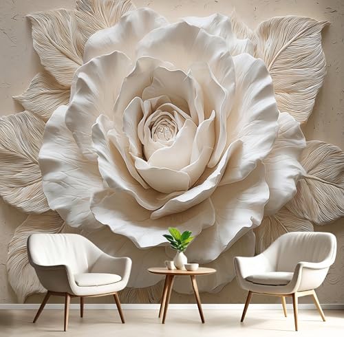 SMBHIAON Papel Tapiz Fotográfico Rosas Blancas 300 × 210 cm Fondo De Pantalla Xxl Estilo Relieve 3D Decoración De Pared Sala Cuarto Oficina Salón Beige