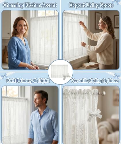 Image of piercing Curtains for Kitchen, Lace Curtains, Kitchen Window Curtains, Sheer Curtains, Kitchen Curtains 29 inchx39 inch Tier 1-Panel Rod Pocket Floral Scalloped Cafe Light Filter White (Lace) (White)