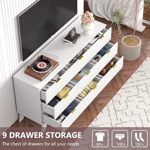Image of White Dresser 9 Drawer Dresser for Bedroom, 57''Wide Fluted Wooden Dresser Storage Cabinet and Chest of Drawers with Metal Handle, Storage Organizer for Living Room, Hallway, Entryway