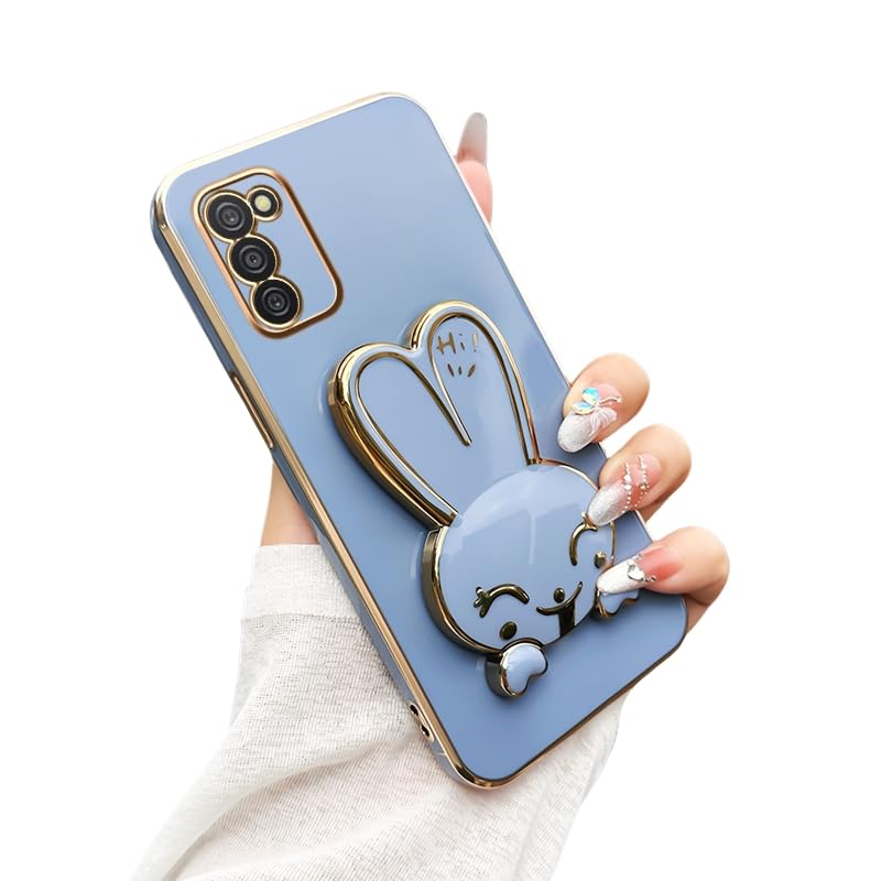 Silicone Case Compatible with Samsung Galaxy A03S Cover, with Rabbit Folding Holder Luxury Electroplated Soft Anti-Drop for Women Men Protective Shell