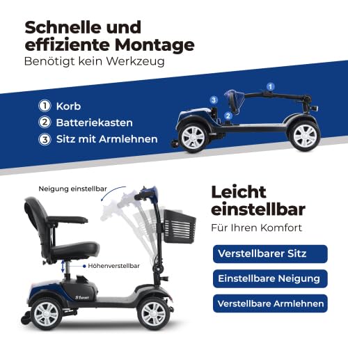 Seniorenmobil Elektromobil 4-Rad mit Sitz, 300W Motor, 136 kg Tragkraft, 6 km/h, herausnehmbarer Akku, 360° drehbarer Sitz, LED-Beleuchtung, elektromagnetische Bremse, Blau