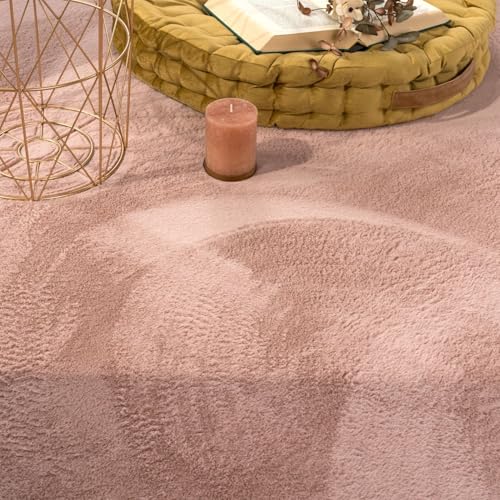 TT Home Wohnzimmer Teppich Hochflor Langflor Kunstfell Weich Modern Unifarben Flauschig, Farbe: Rosa Pink, Größe:120 cm Rund