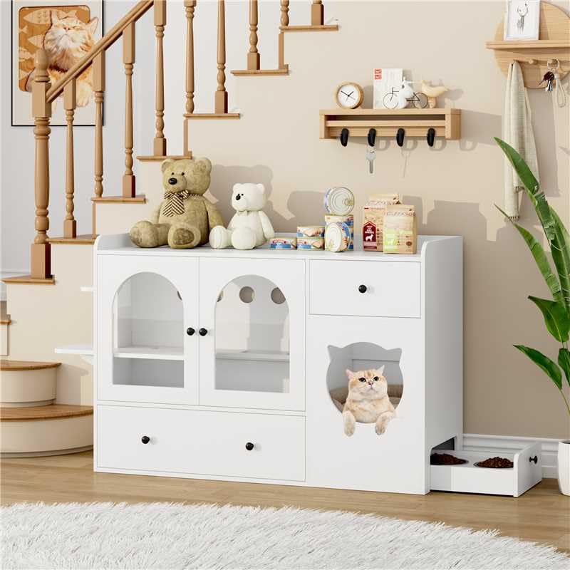 FACBOTALL 55.1" Cat Litter Box Enclosure, Furniture Hidden With Scratcher, Storage Cabinet With Bowls, Wooden Pet Crate House With Storage Spaces, Indoor House Furniture