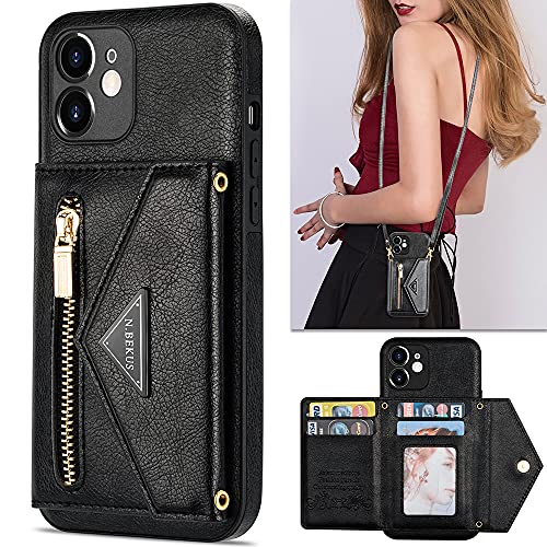 Kudex Crossbody Zipper Case Wallet for iPhone 12,Slim Leather Envelope Flip Magnetic Shoulder Strap Back Wallet Case with Card Holder Stand for Women Compatible with iPhone 12,6.1 inch 5G(Black)