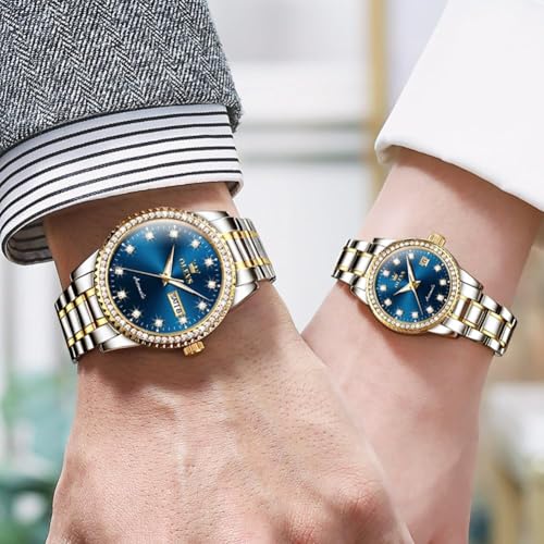 Image of OLEVS Couple Watch Men and Women His and Her Watches Set Analog Date Diamond Stainless Steel Waterproof Luminous Wrist Watch