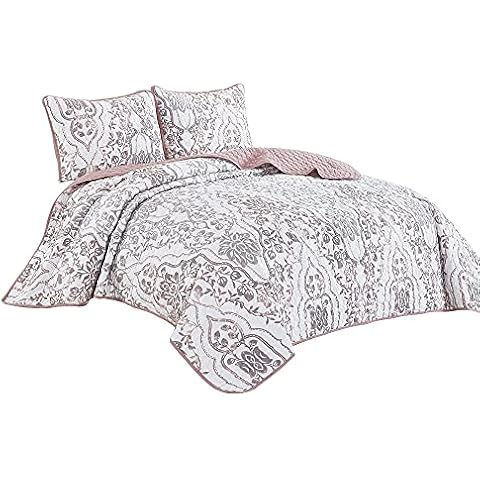 Jaba 3-Piece Fine Printed King Size Quilt Set, All-Season Bedspread, Cheyne Coverlet with Pillow Shams Bed Cover (Coral Pink, Grey, Floral) Cover