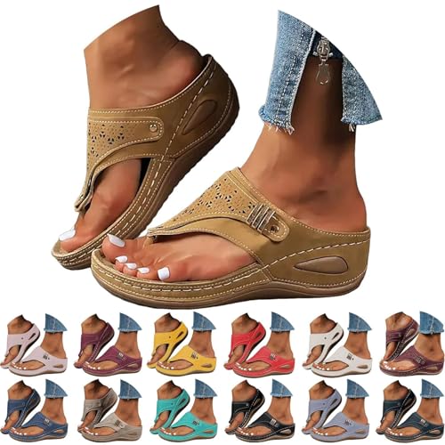 Brown Orthopedic Shoes For Women Sandals,Comfortable Walking Slippers Slip on Arch Support 2026 Open Toe Flip Flops Wedge Dressy Summer Fashion Orthotic Slides Casual Thong Sandals