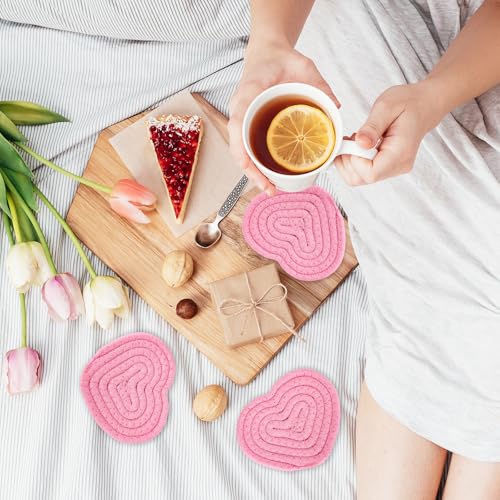 Dessous de verre en cœur rose tressé en coton avec support par 4 - 6