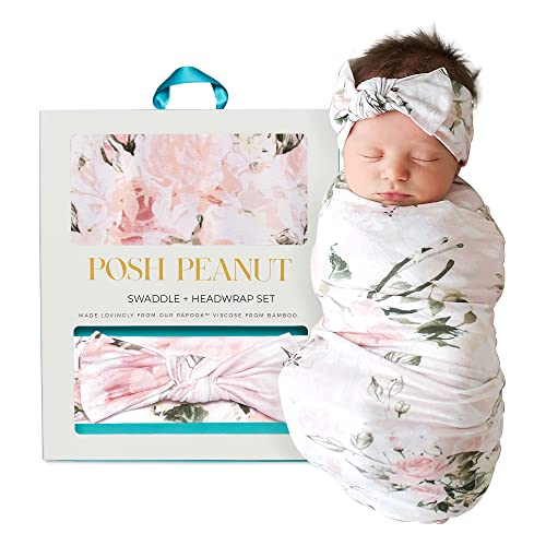 Image of Posh Peanut Swaddle Blanket & Headband Set – Viscose from Bamboo Stretchy Baby Swaddle for Newborn Girls, Receiving Blanket or Nursing Cover