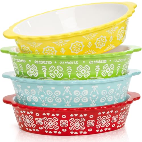 Pumtus 4 Pack Au Gratin Baking Dishes, 28 OZ Ceramic Baking Dishes with Handles, 8.3 Inch Oval Deep Pie Lasagna Pan, Kitchen Casserole Roasting Bakeware for Cake Dinner, Oven Safe & Microwave Safe
