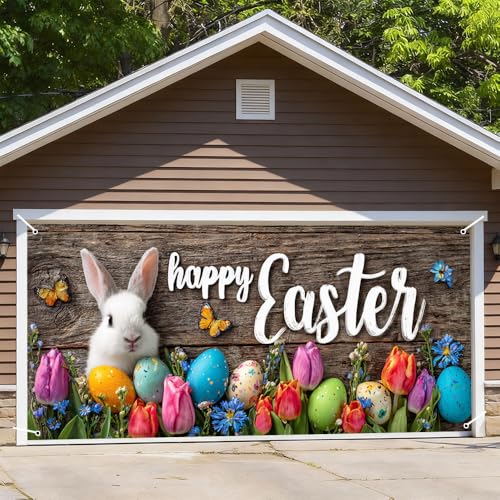 Image of Easter Garage Door Cover 157.48 x 70.87 Inch White Bunny Colorful Eggs Rustic Wood Background Spring Flowers Vibrant Outdoor Garage Decor Easter Celebration Family Gathering Seasonal Yard Display