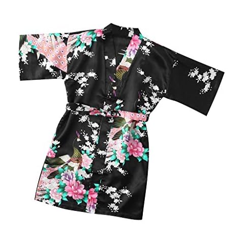 nvtuuer Children's Nightdress Bathrobe with Medium Length Sleeves for Laces Cardigan Nightdress Bathrobe, black, 11-12 Years Cover