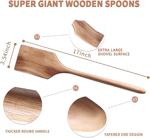 Vista 33 de Utensilios de cocina de madera gigante de 17 pulgadas, cuchara de cocina de madera grande, 3 cucharas de esquina, cuchara ranurada+espátula, cuchara