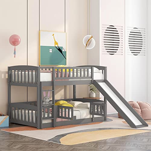 Bellemave Bunk Bed Twin Over Twin with Slide and Stairs, Twin Bunk Bed for Kids, Girls, Boys, Floor Bunk Bed with Fence and Door, Gray