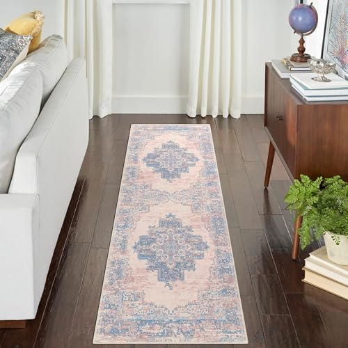 vivorug Runner Rug 2'x7' Machine Washable Non-Slip Runners for Hallways Kitchen Entryway Laundry Room Vintage-Inspired Carpet Hallway Runner Pink